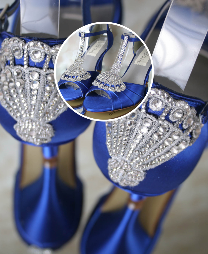 Royal Blue Vintage Wedding Shoes with Silver Crystal Art Deco Design on the Heel and Toe