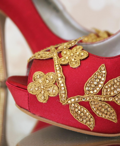 Red Wedding Shoes with Gold Leaf Applique