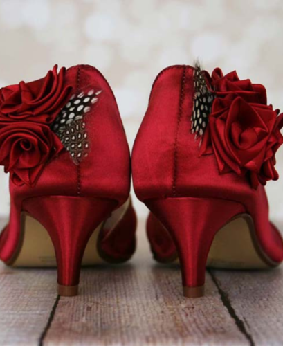 Rouge Wedding Shoes with Handmade Ribbon Roses on the Heel